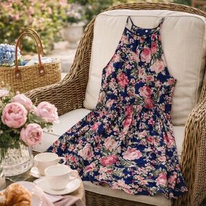 Blue Rain Floral Halter Mini Dress made in USA